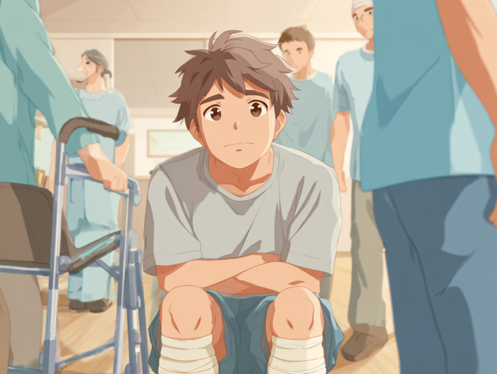 日本人の中学生アスリートが足に包帯を巻き、リハビリ施設のような場所で不安そうに座っているイラスト。疲労骨折やスポーツ障害からの回復をテーマに、整体やリハビリの重要性を示すシーン。