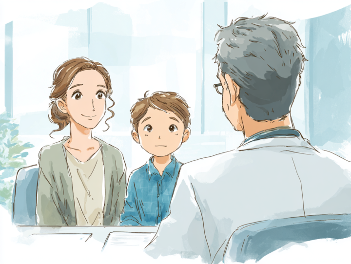 子どもの足の痛みについて親が医師に相談する日本人親子の明るい病院内イラスト、MRI検査などの受診相談を表す