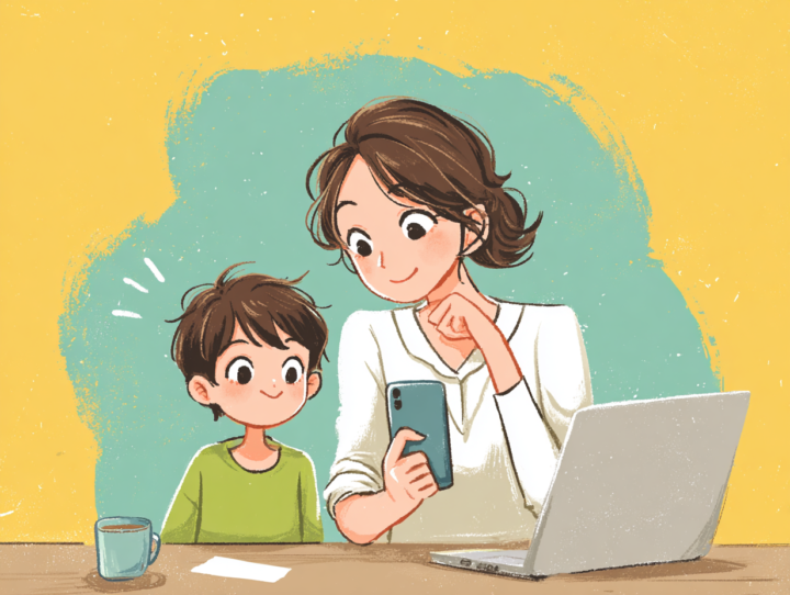 日本人の母親が子供のためにスマートフォンやパソコンで整体院の予約をしているイラスト。隣には安心した表情の子供が座っており、家族で健康を大切にする様子を表現。整体予約やリハビリ、子供のケアをイメージした場面。