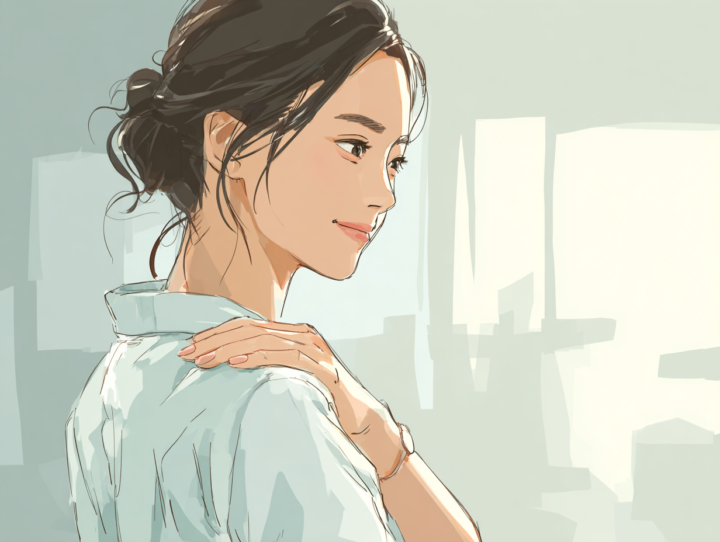 肩に手を当てている日本人女性のイラスト。肩の不調や肩こりの改善を意識した前向きな表情で、肩の痛み対策や整体・ストレッチの説明に適したイメージ画像。