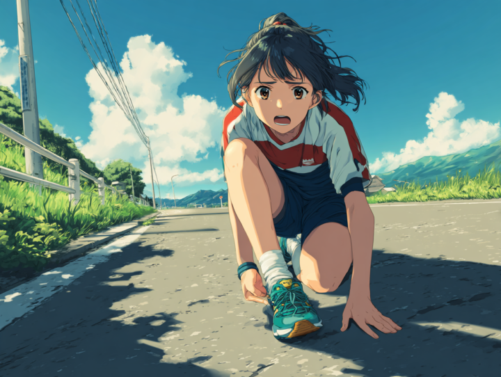 坂道を走っている最中に足を押さえて立ち止まる日本人女子アスリート。青空の下、突然の足の痛みに驚いた表情が印象的
