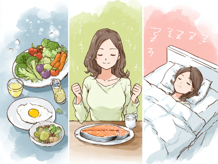 バランスの良い食事と十分な睡眠で健康維持する日本人女性のイラスト