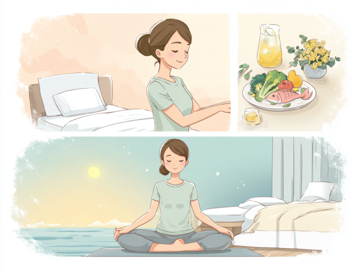 睡眠・食事・瞑想を通じて健康管理を行う日本人女性の生活習慣イラスト