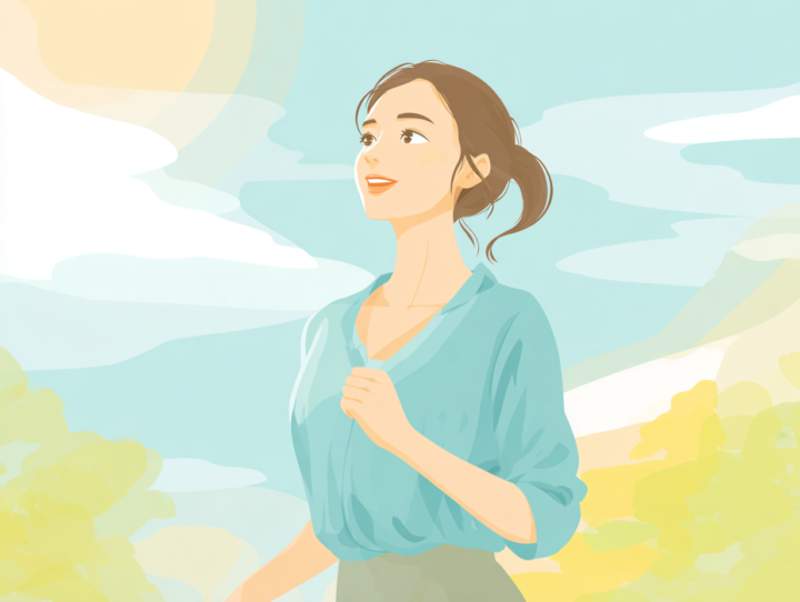 朝日を浴びながらウォーキングする日本人女性の健康イラスト