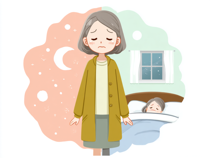夜眠れずに悩む50代日本人女性のイラスト｜睡眠障害・自律神経の不調