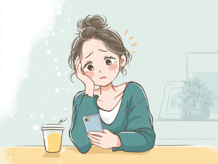 スマホを見ながら悩む日本人女性のイラスト｜ストレスと生活習慣の乱れ