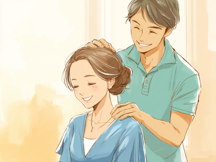 男性が女性にやさしく整体ケアをしているイラスト｜安心感のある施術