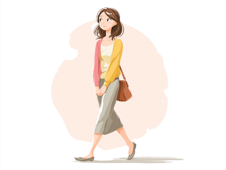 一人でゆっくり歩く日本人女性のイラスト｜生活習慣改善と健康維持