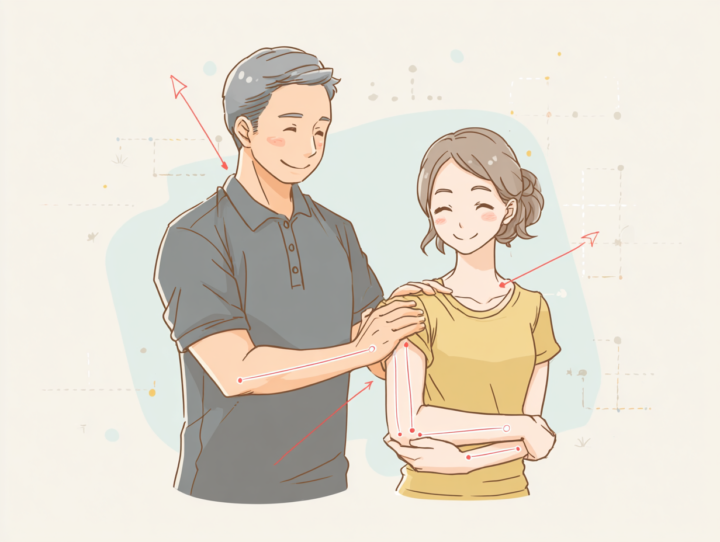 関節に負担をかけない優しい手技で肘を調整し、安心した表情の日本人女性を描いた整体施術イラスト