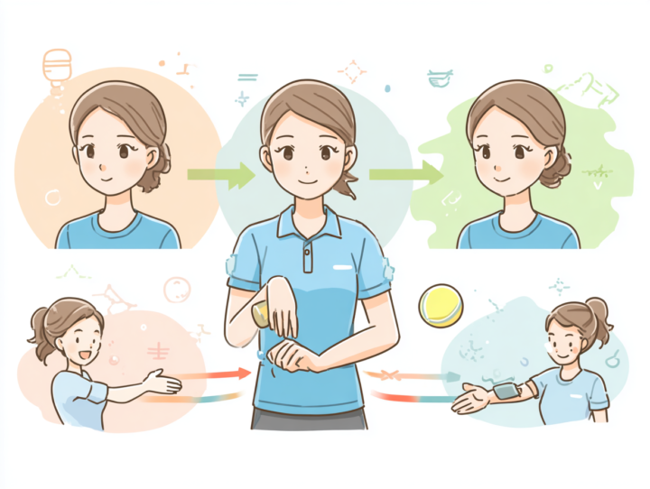 テニス肘改善のための段階的セルフケアとリハビリを行う日本人女性のイラスト。関節可動域の回復やストレッチ、日常生活・スポーツへの復帰までをわかりやすく表現