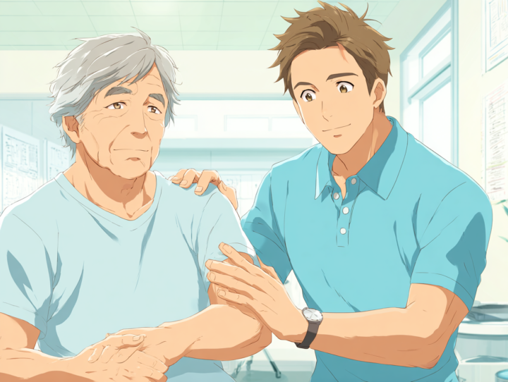 日本人高齢男性に対して、若い整体師が優しく腕をサポートするリハビリ風景。明るい整体院での信頼関係と身体ケアを表現したイラスト