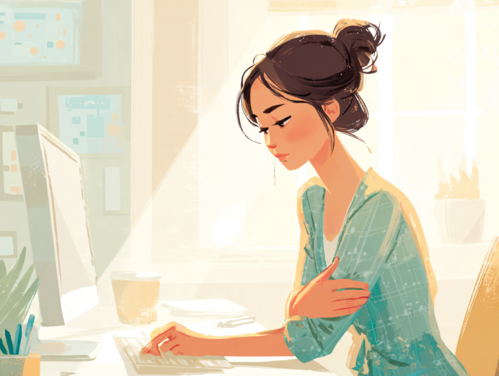 デスクワークで肘の痛みに悩む日本人女性のイラスト