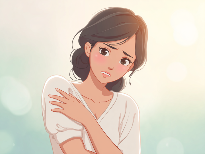 肘の不調に不安を感じる日本人女性のイラスト