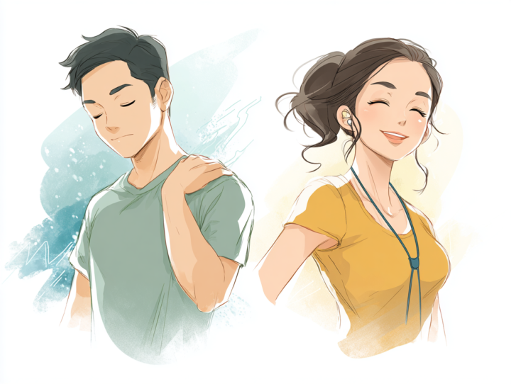 肩こりに悩む男性と、不調が改善して笑顔になった女性のビフォーアフターイラスト