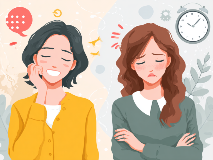 笑顔の女性と疲れた表情の女性を対比したイラスト｜ストレスと生活習慣の違い