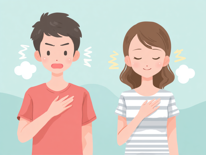 胸に手を当てている男女