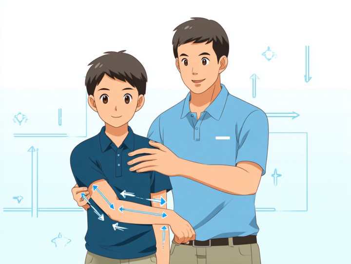 子どもの肘関節を調整する日本人整体師のイラスト