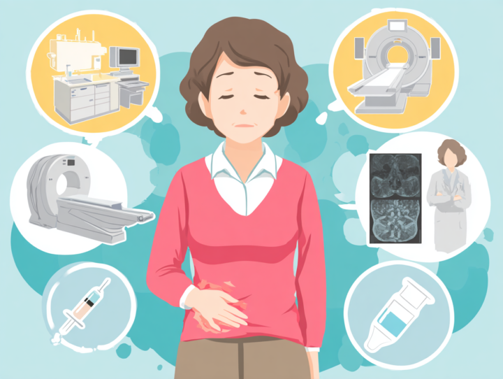検査やMRI、注射など治療選択肢を考える女性のイラスト、仙腸関節痛や腰痛の診断を表現