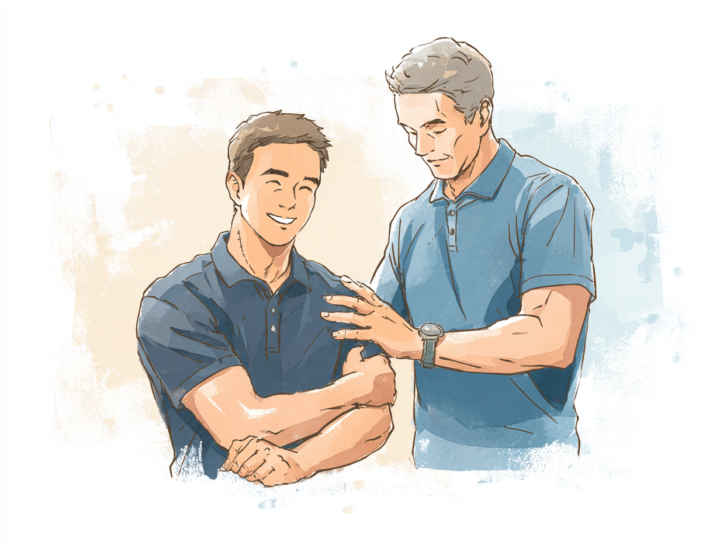 肘のケアを受けて笑顔になる日本人男性のイラスト