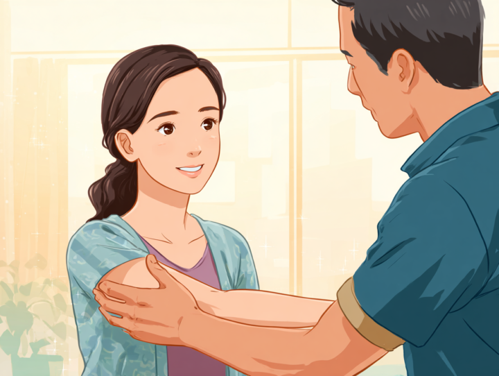 肘の整体施術を受ける日本人女性のイラスト
