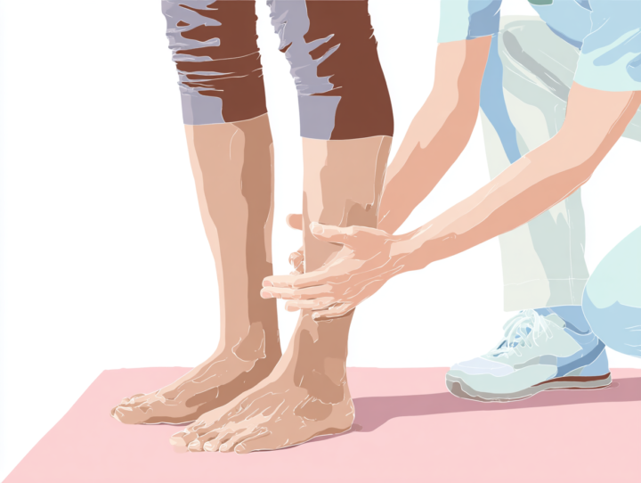 足首に手を当てている男性