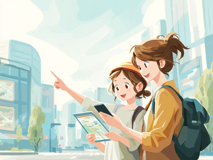 日本人の母親と小学生の娘が地図を見ながら街を散策しているイラスト。明るい背景で、親子の外出や健康的なライフスタイルを表現