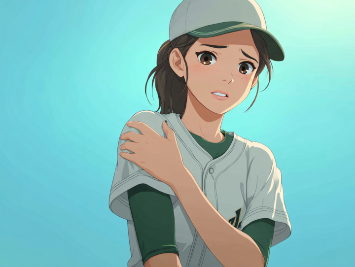 肩に手を当てている20代の女性