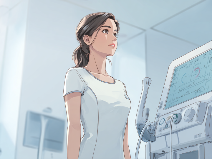 この画像は、医療またはヘルスケア施設での体組成測定をテーマにしたアニメ風イラストです。  中央に、白い半袖のシンプルなTシャツを着用した若い女性が描かれています。女性は茶色の髪を低めのポニーテールにまとめ、真剣で集中した表情で斜め上を見上げています。  右側には高度な医療機器または体組成測定装置が設置されており、デジタルモニターには青い画面に健康データやグラフが表示されています。機器は白とシルバーを基調とした現代的なデザインで、医療グレードの精密機器であることが伺えます。  背景は明るく清潔な医療施設やクリニックを思わせる白を基調とした空間で、大きな窓から自然光が差し込んでいます。全体的に淡い青と白の色調で統一されており、信頼性と清潔感を演出した医療・健康管理の現場を表現したイラスト作品となっています。