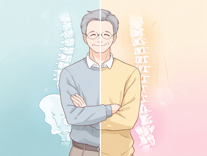 高齢男性の背骨イラストを背景に、整体による姿勢改善と腰痛予防を説明する教育的イラスト