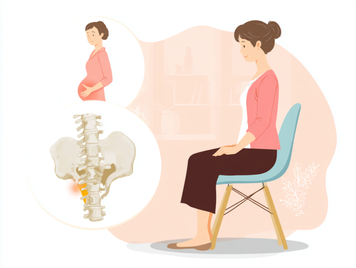 妊娠や座り姿勢による仙腸関節への負担を示した骨盤のイラストと女性のライフスタイルイメージ