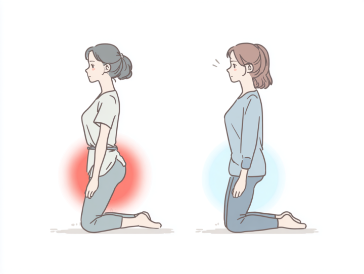 膝立ちで反り腰により腰痛を感じる女性と正しい姿勢で骨盤が安定している女性の比較イラスト