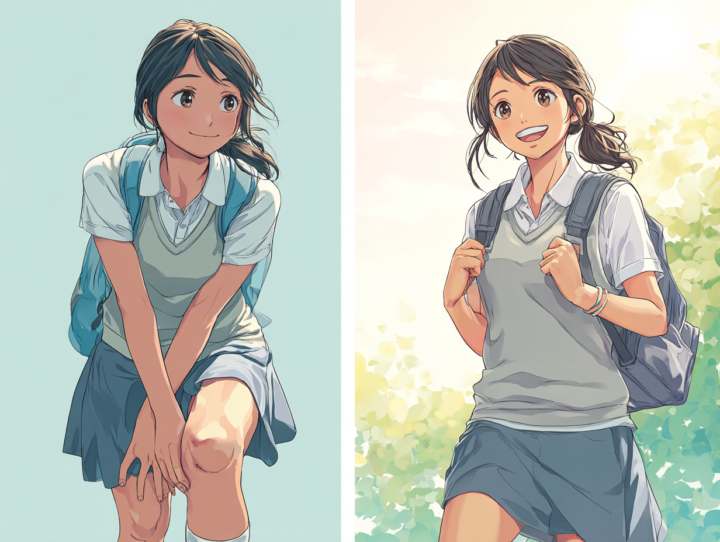 膝の痛みを抱える女子中学生と、笑顔で元気に通学する女子中学生のイラスト。オスグッド病など成長期の膝痛改善と整体・ストレッチによる日常生活の変化を表す