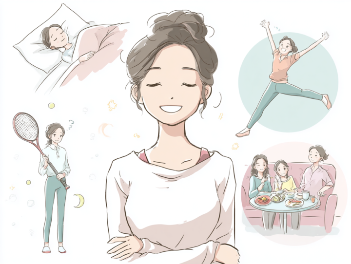 肋間神経痛が改善し、運動や友人との食事を楽しむ女性の生活改善イラスト