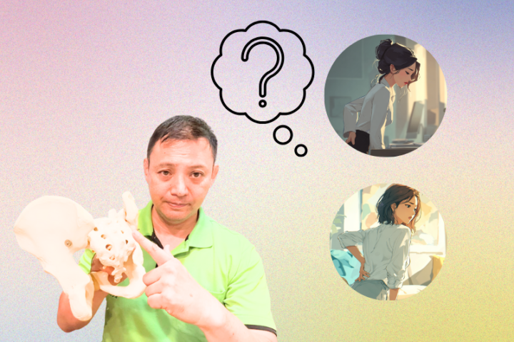 男性が仙腸関節模型を指し、腰痛に悩む女性のイメージを考えている様子