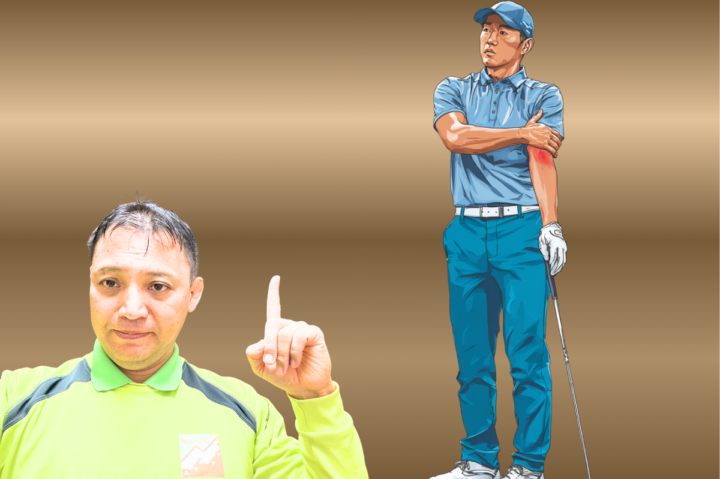 ゴルフ肘で悩む30代プロゴルファー|肘の痛みを抱える男性ゴルファーのイラストゴルフ肘を抑えている|ねもと整体&ストレッチスタジオ根本院長