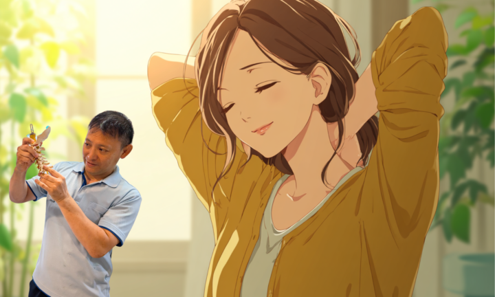 整体師が背骨模型を使って姿勢の歪みを説明し、女性がリラックスして体の軽さを実感している様子。ねもと整体&ストレッチスタジオの関節アプローチによる姿勢改善をイメージしたイラスト