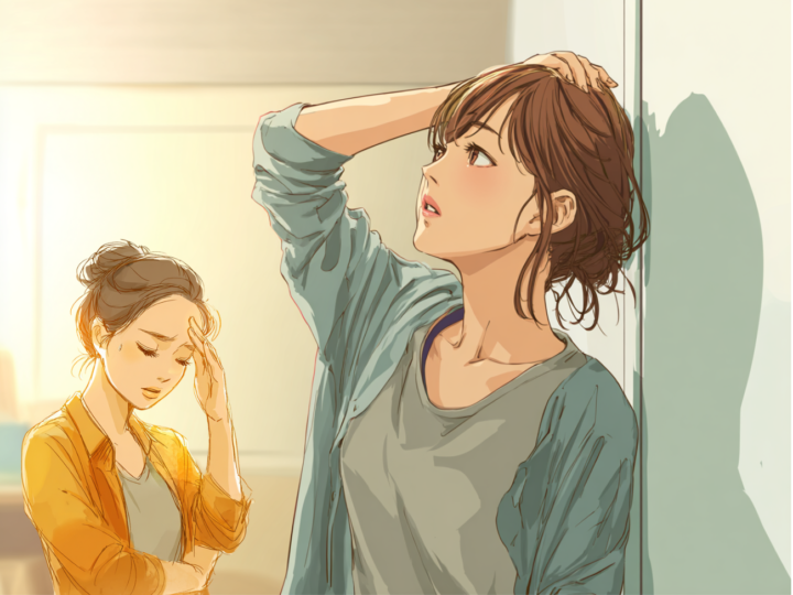 めまいで不安を感じる女性のイラスト。首や姿勢の不調によるふらつきや体のバランスの乱れをイメージした明るい背景のイラスト。