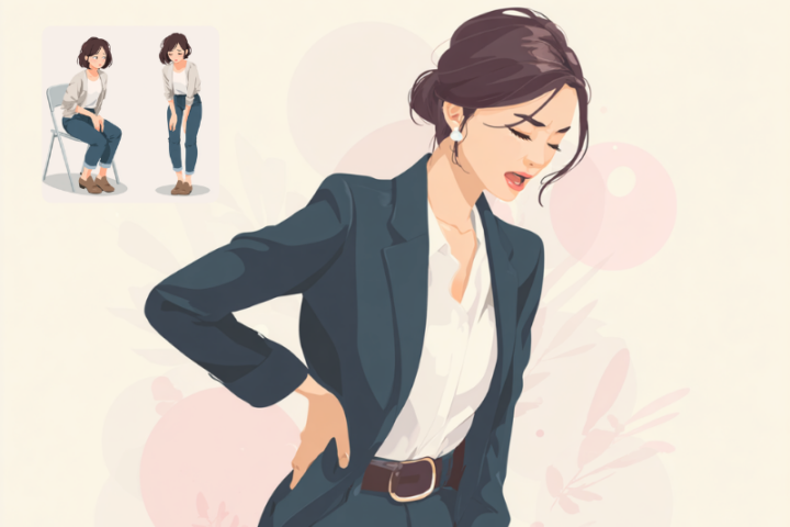 スーツ姿の女性が腰からお尻にかけて強い痛みに悩むイラスト。梨状筋症候群や坐骨神経痛、長時間のデスクワークによる腰痛の原因を表現