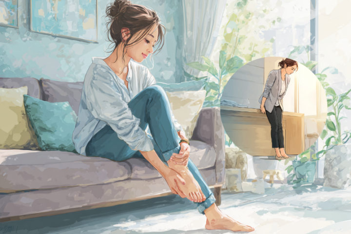 外反母趾による足の痛みに悩む日本人女性が、自宅の明るいリビングで足を押さえているイラスト。外反母趾の変形による不快感や立ち仕事による足の疲れを表現しており、明るい背景が清潔感と安心感を与える。