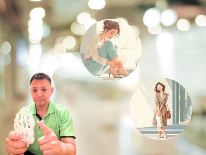 親指の付け根の痛みでパンプスが履けない女性のイラストと、足の骨模型を使って原因を説明する整体師。外反母趾の原因や改善方法を解説する整体院のイメージ