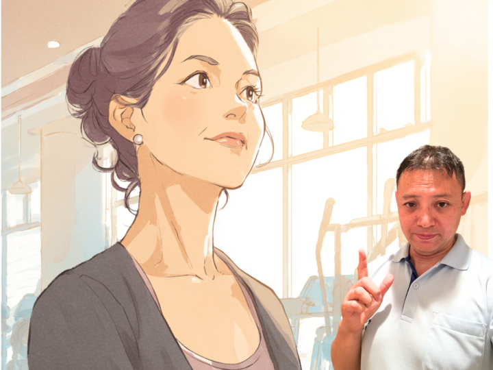 ねもと整体＆ストレッチスタジオの院長が指導する運動指導の様子。姿勢改善や体幹トレーニングに取り組む40代女性のイラスト。健康的で前向きな印象を与える整体と運動の融合イメージ