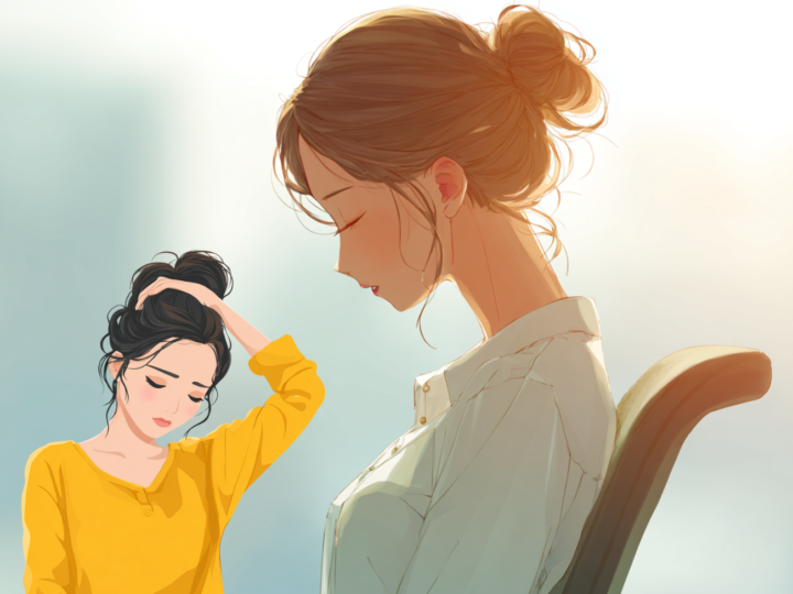 デスクワークで首や肩がこり、めまいを感じる日本人女性の健康イラスト。明るい背景で自律神経の乱れを表現。