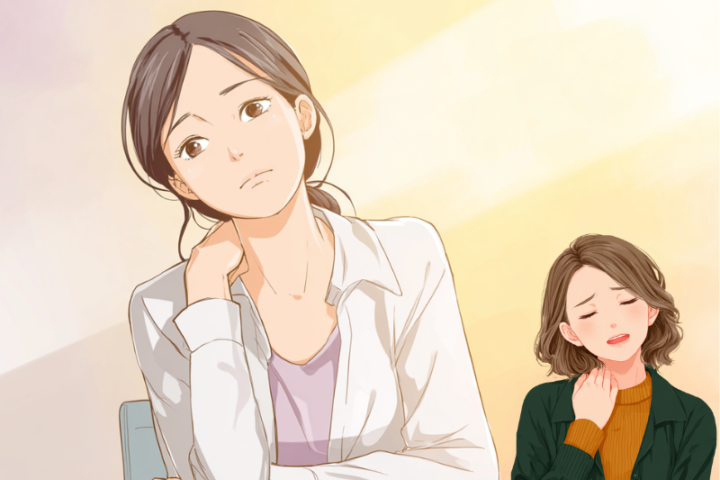 首や肩のこり・腕のしびれに悩む女性たちのイラスト。胸郭出口症候群や肩こり、首の痛みなど、デスクワークによる不調をイメージ