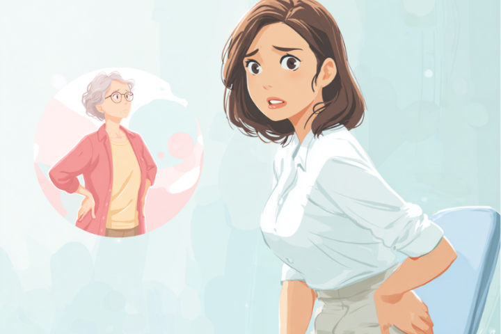 腰の痛みに悩む女性と、腰を押さえる高齢女性のイラスト。梨状筋症候群や坐骨神経痛など、腰痛の原因と改善方法をイメージ