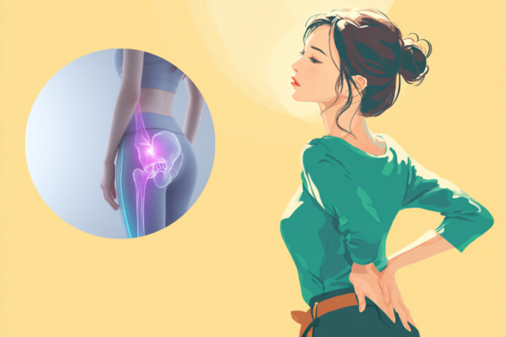 20代日本人女性が腰に手を当てているイラストと、股関節の骨と筋肉を示すシンプルな解剖学図。股関節痛や梨状筋症候群の原因を解説する教育用イラスト