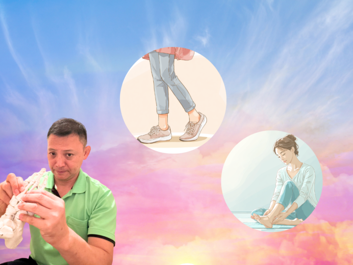 足の構造模型を使って足のバランスを説明する整体師。背景には歩行姿勢と足のセルフケアをする女性のイラスト。足の健康・歩行改善・整体ストレッチをテーマにしたイメージ