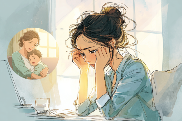 仕事に集中できず肩こりや腕の痛みに悩む日本人女性。子育てと仕事の両立で疲れが溜まり、精神的にも追い詰められている様子を描いたイラスト。背景は明るい室内で、デスクに向かって悩む女性と、子どもを抱っこしてつらそうにする母親の姿が対比的に表現されている
