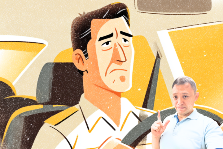 運転中の首痛・肩こりに悩む男性と姿勢改善の専門家 - ねもと整体&ストレッチスタジオで長時間運転による身体の不調をケア