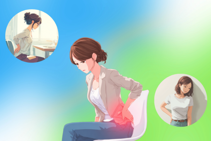 長時間のデスクワークや立ち仕事でお尻から腰にかけて痛みやしびれを感じる日本人女性のイラスト。梨状筋症候群や坐骨神経痛の原因となる姿勢の悪さや筋肉の硬さを表現