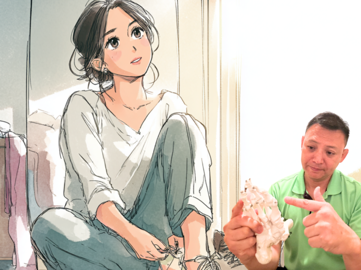 足の骨模型を使って足の構造を説明する整体師と、自宅で足をケアする女性のイラスト。足の痛みやむくみ、歩行バランスの改善をテーマにした整体・ストレッチイメージ